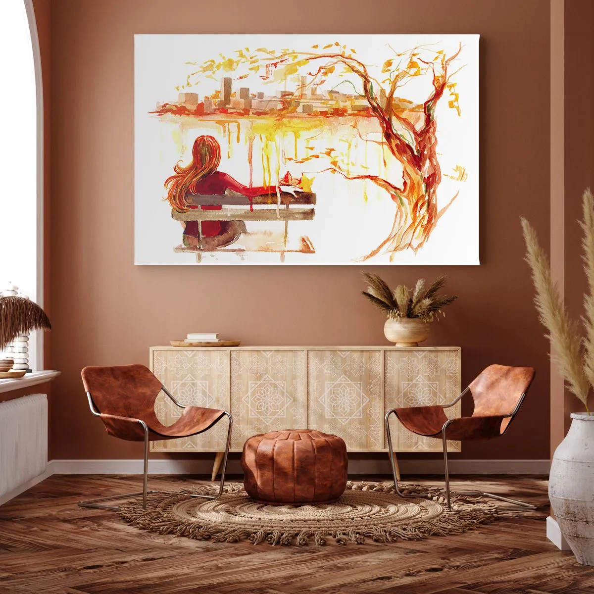 Quadro em tela - Cena em aquarela de uma mulher em um banco com vista para a cidade - 70x50cm - Um momento de reflexão - Decoração de parede moderna para a sala de estar e quarto ARTTOR