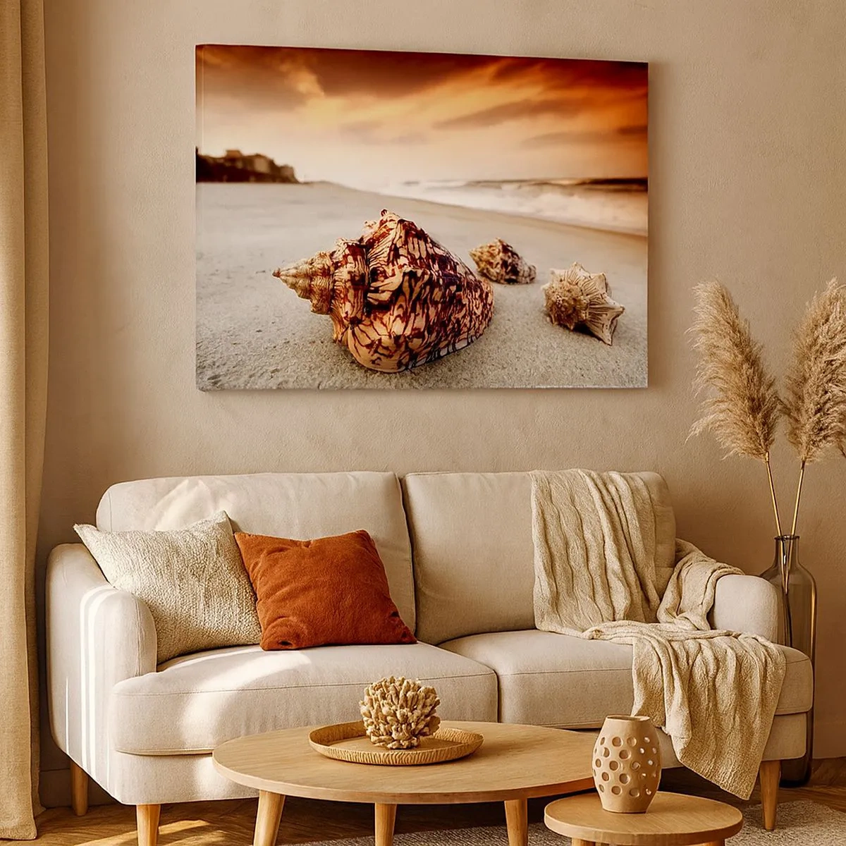 Quadro em tela - Conchas na praia ao pôr do sol - 70x50cm - Expulso pelas ondas - Decoração de parede moderna para a sala de estar e quarto ARTTOR