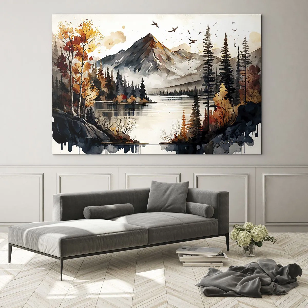Quadro em vidro - Paisagem montanhosa de outono com lago e floresta - 70x50cm - Outono dourado nas montanhas - Decoração de parede moderna para a sala de estar e quarto ARTTOR