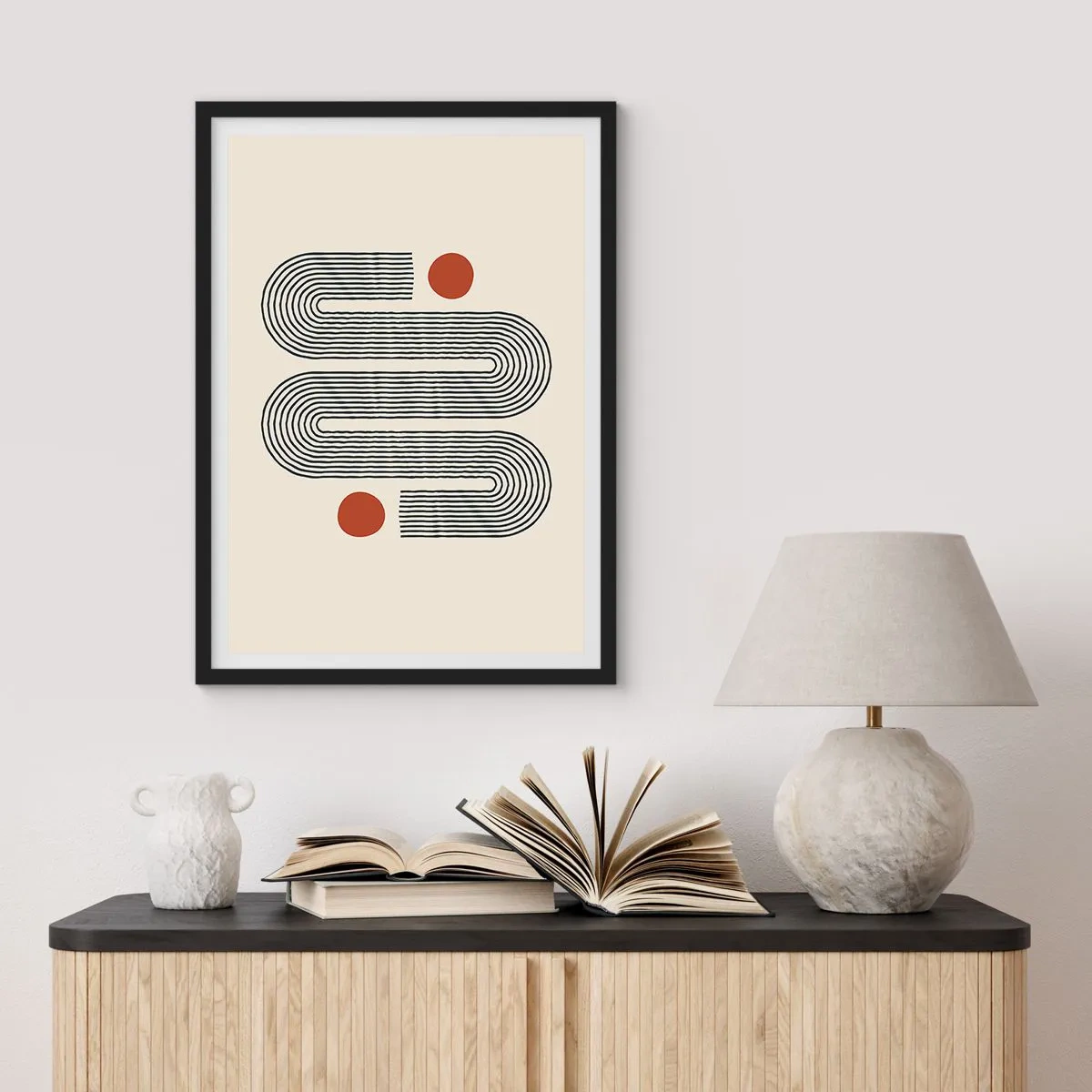 Pôster com moldura preta - Padrão geométrico com linhas e círculos vermelhos - 50x70cm - Do início ao fim - Decoração de parede moderna para a sala de estar e quarto ARTTOR