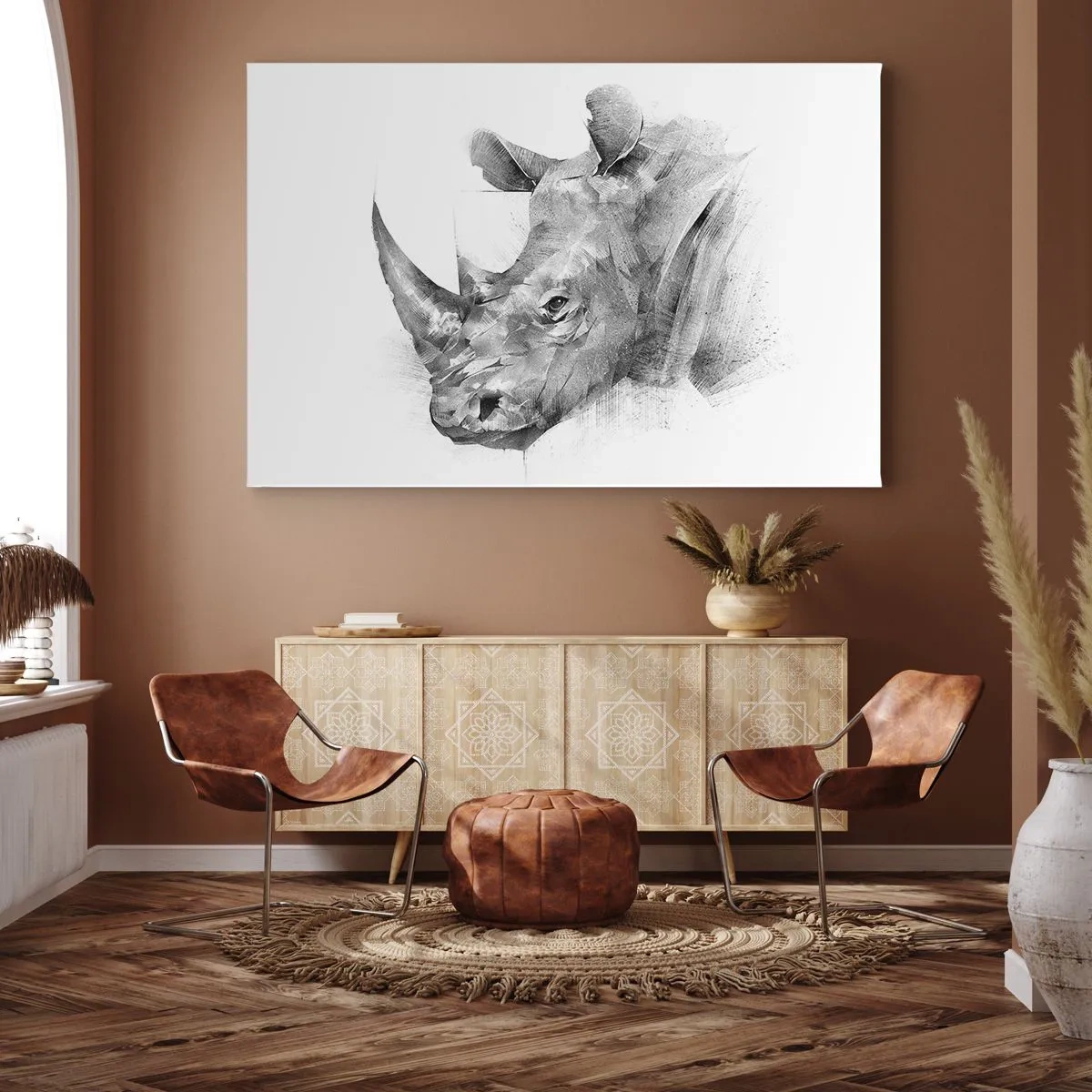 Quadro em tela - Retrato artístico de um rinoceronte em preto e branco - 70x50cm - Retrato africano - Decoração de parede moderna para a sala de estar e quarto ARTTOR