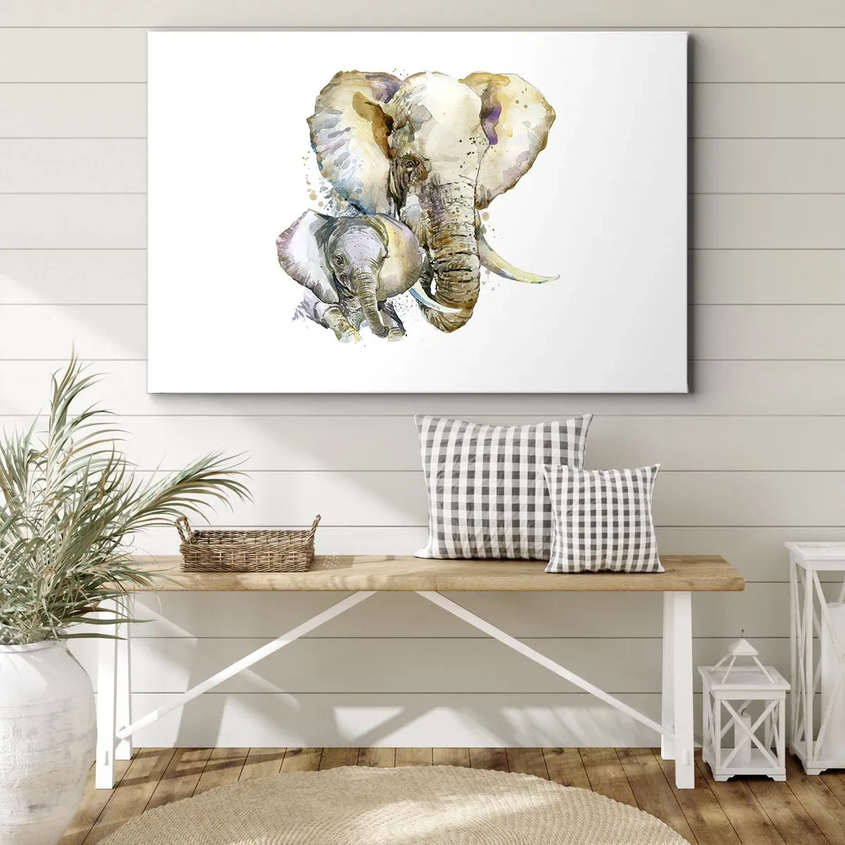 Quadro em tela - Elefantes em aquarela em cores sutis - 70x50cm - Nada melhor do que amor de mãe - Decoração de parede moderna para a sala de estar e quarto ARTTOR