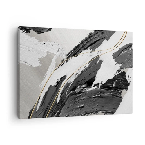 Quadro em tela - Pinceladas de tinta preta e branca com um sutil toque dourado - 70x50cm - Abstração em grande escala - Decoração de parede moderna para a sala de estar e quarto ARTTOR