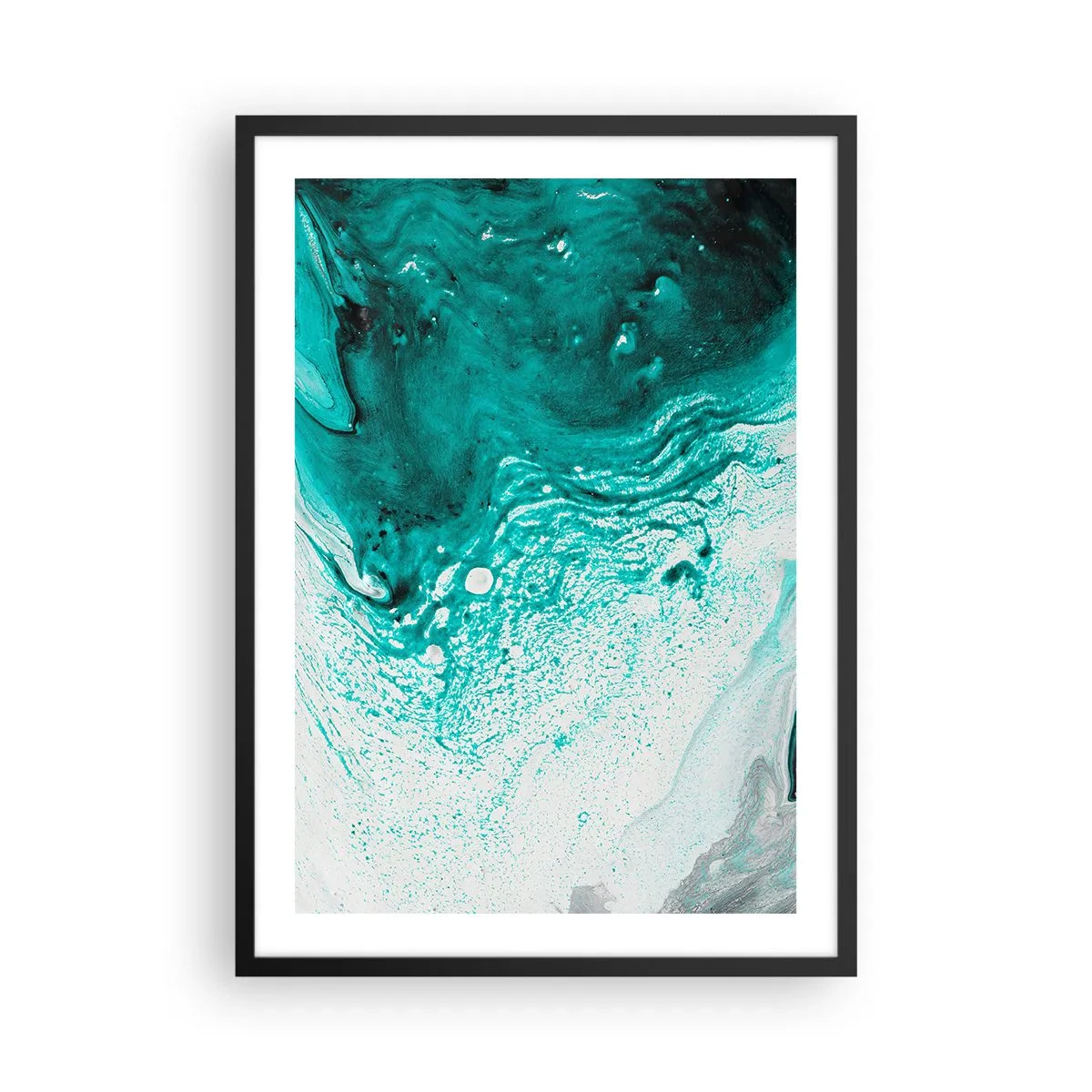 Pôster com moldura preta - Padrão abstrato em turquesa e branco - 50x70cm - Derreter a branco e turquesa - Decoração de parede moderna para a sala de estar e quarto ARTTOR