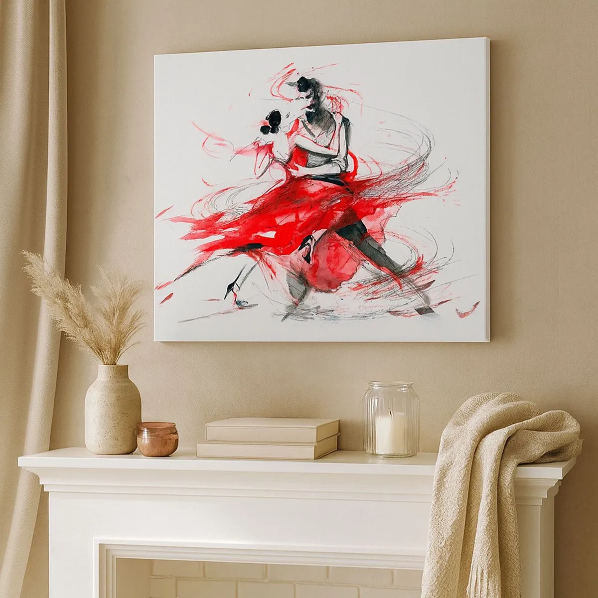 Quadro em tela - Dançarinos em uma dança dinâmica com detalhes em vermelho - 70x50cm - Tango - o ritmo da paixão - Decoração de parede moderna para a sala de estar e quarto ARTTOR