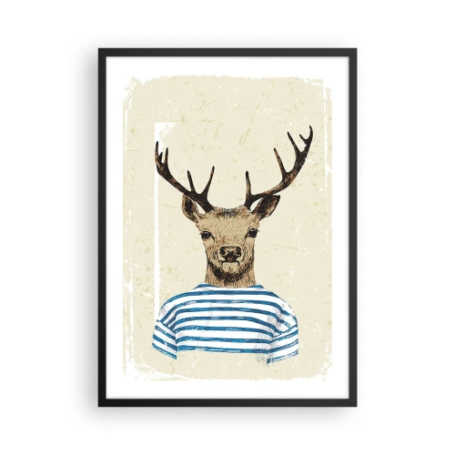 Pôster com moldura preta - Gráfico de um cervo em roupa de marinheiro - 50x70cm - Porque eu gosto de camisas listradas! - Decoração de parede moderna para a sala de estar e quarto ARTTOR