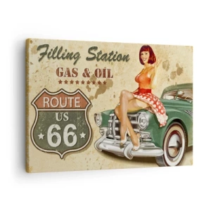 Quadro em tela - Pôster retrô da Rota 66 com garota pin-up e carro - 70x50cm - Os gloriosos anos 40 - Decoração de parede moderna para a sala de estar e quarto ARTTOR