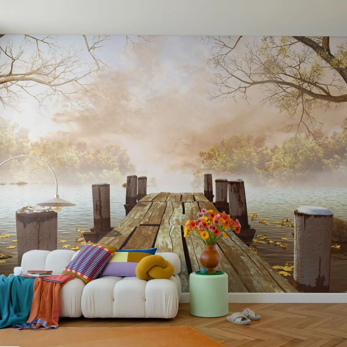 Papel de Parede Autocolante Deluxe Sticker - A leve tristeza do outono - Paisagem, Lago, Ponte de madeira - 250x175 cm
