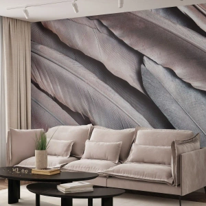 Papel de Parede Premium Canvas - Em prateado rosa - Pena de ave, Gráficos, Boho - 100x70 cm