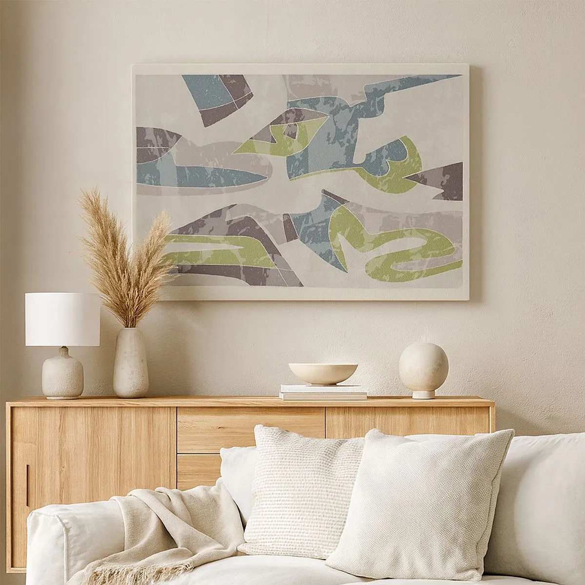 Quadro em tela - Formas abstratas em verde e azul sobre fundo claro - 70x50cm - Composição atrás do vidro - Decoração de parede moderna para a sala de estar e quarto ARTTOR
