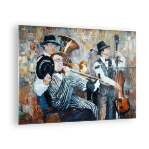 Quadro em vidro - Uma banda de jazz em uma cena impressionista atmosférica - 70x50cm - Todo aquele jazz - Decoração de parede moderna para a sala de estar e quarto ARTTOR