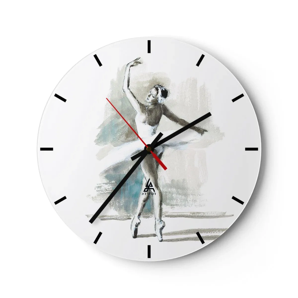 Relógio de parede - Relógio em vidro - Uma bailarina com roupa branca capturada em pose de dança - 30x30cm - Encantada num cisne - Decoração de parede moderna para a sala de estar, cozinha e quarto ARTTOR