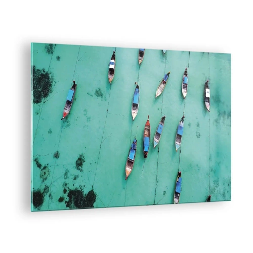 Quadro em vidro - Barcos em águas turquesas vistos de cima - 70x50cm - Na alegre expectativa - Decoração de parede moderna para a sala de estar e quarto ARTTOR