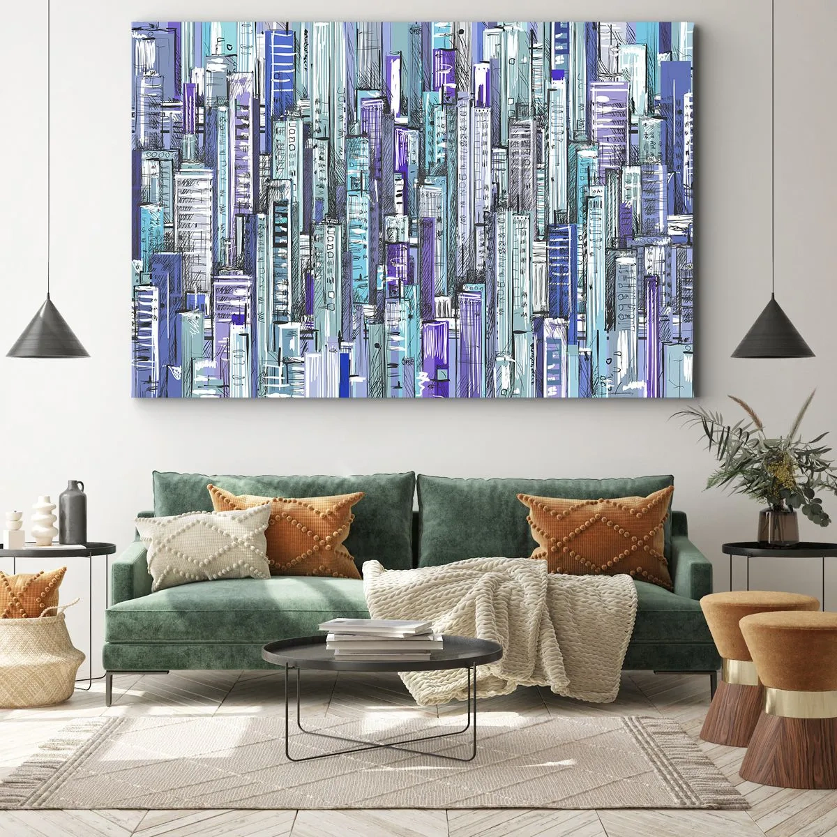 Quadro em tela - Ilustração de uma cidade com edifícios geométricos em tons de azul e roxo. - 70x50cm - Azul do céu - Decoração de parede moderna para a sala de estar e quarto ARTTOR