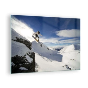 Quadro em vidro - Um snowboarder pulando de um penhasco nas montanhas no inverno - 70x50cm - Liberdade sem fronteiras - Decoração de parede moderna para a sala de estar e quarto ARTTOR