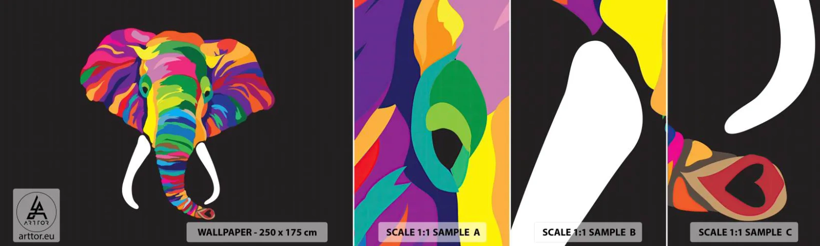 Amostra de papel de parede autocolante Deluxe Sticker - O elefante que adorava banhar-se no arco-íris - Animais, Elefante, Imagem colorida - 100x30 cm