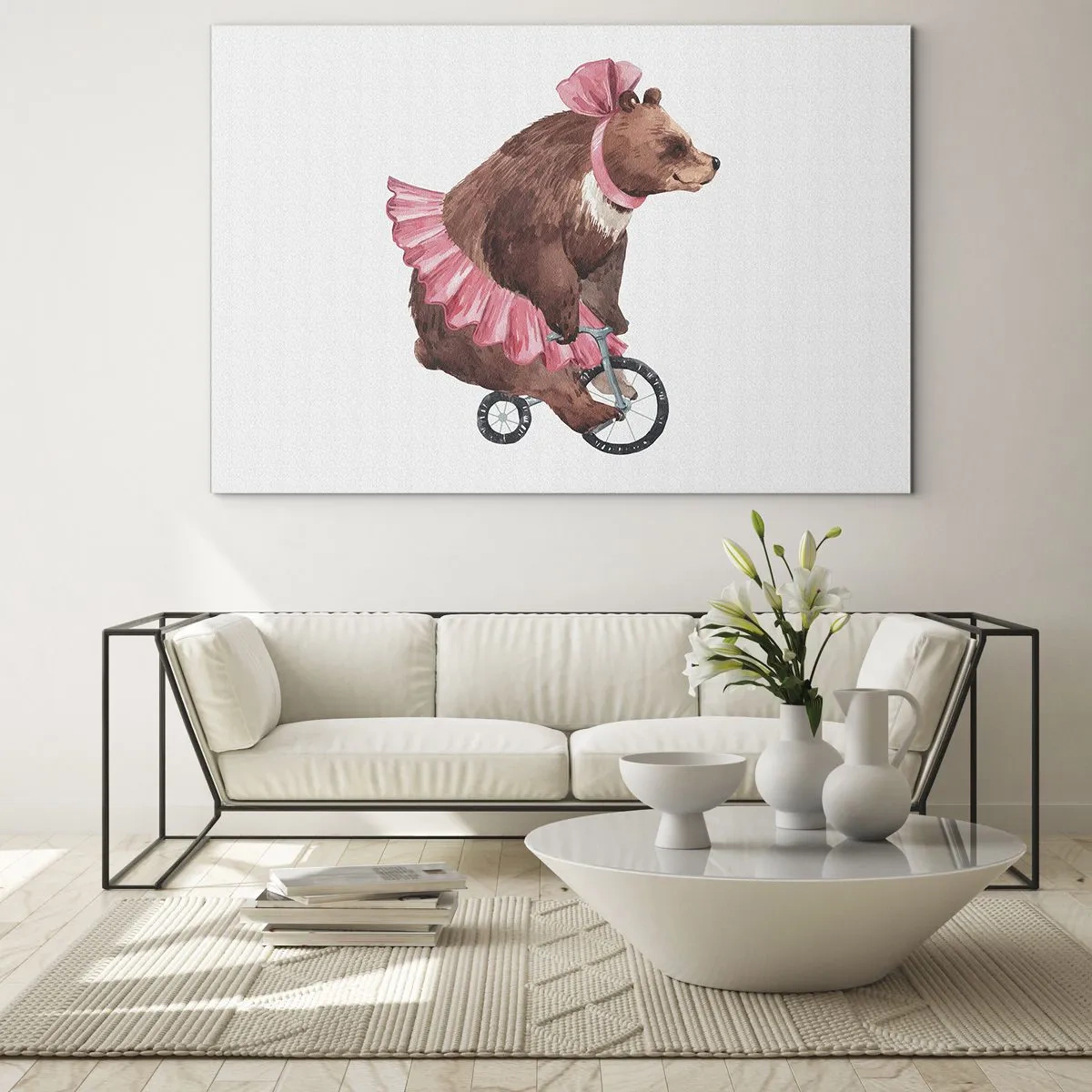 Quadro em vidro - Um urso de saia rosa em um monociclo - 70x50cm - Que circo! - Decoração de parede moderna para a sala de estar e quarto ARTTOR