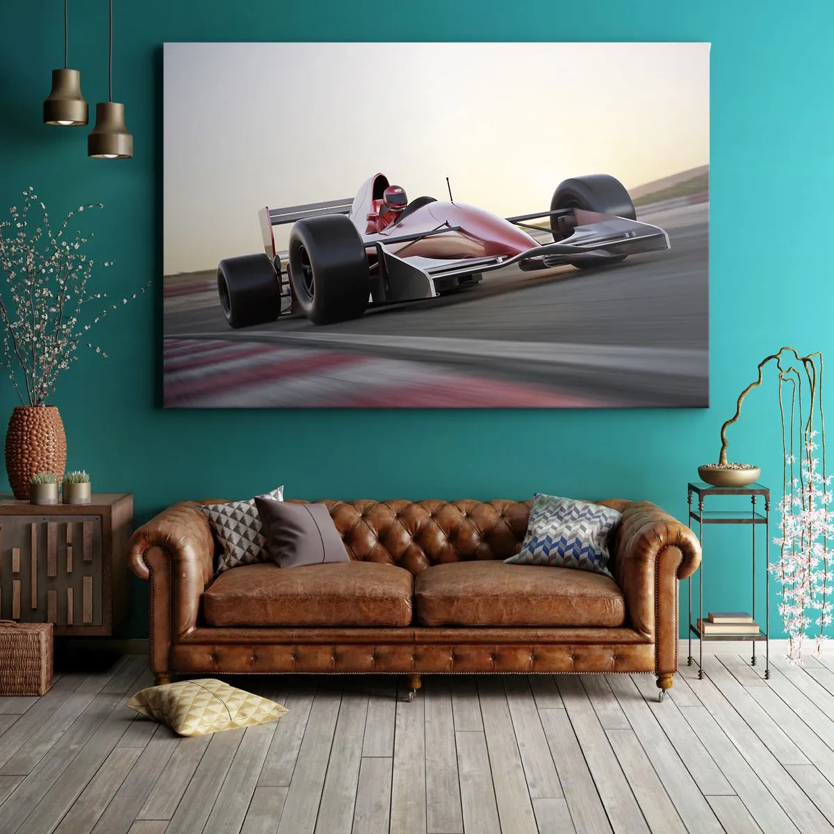 Quadro em tela - Um carro vermelho de Fórmula 1 em uma pista de corrida enquanto dirige - 70x50cm - Sempre um vencedor - Decoração de parede moderna para a sala de estar e quarto ARTTOR