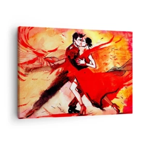 Quadro em tela - Um casal dançando tango em tons vermelhos contra um fundo dinâmico. - 70x50cm - O ritmo roxo da paixão - Decoração de parede moderna para a sala de estar e quarto ARTTOR