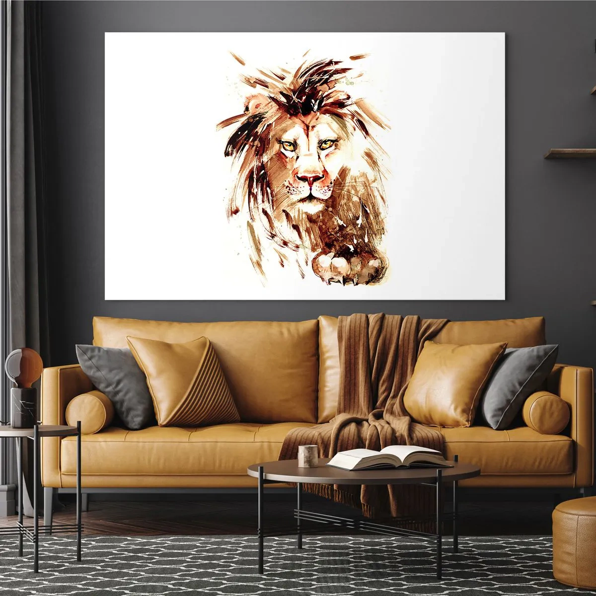 Quadro em vidro - Retrato em aquarela de um leão em um fundo branco - 70x50cm - Força e dignidade - Decoração de parede moderna para a sala de estar e quarto ARTTOR