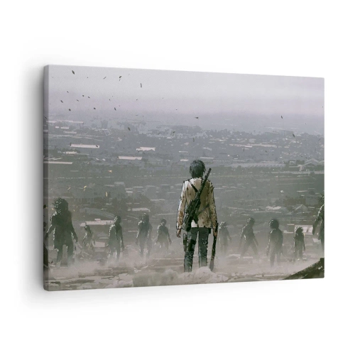 Quadro em tela - Uma figura com uma arma está em frente a um grupo em uma paisagem distópica. - 70x50cm - O último justo? - Decoração de parede moderna para a sala de estar e quarto ARTTOR