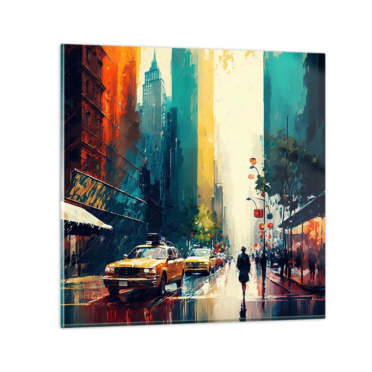 Quadro em vidro - Nova York – até a chuva é colorida aqui - 30x30 cm
