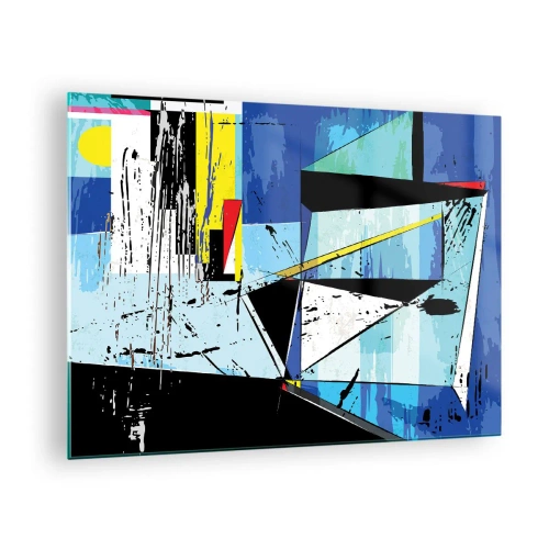 Quadro em vidro - Composição geométrica abstrata em tons de azul - 70x50cm - Olhar por um outro ângulo... - Decoração de parede moderna para a sala de estar e quarto ARTTOR