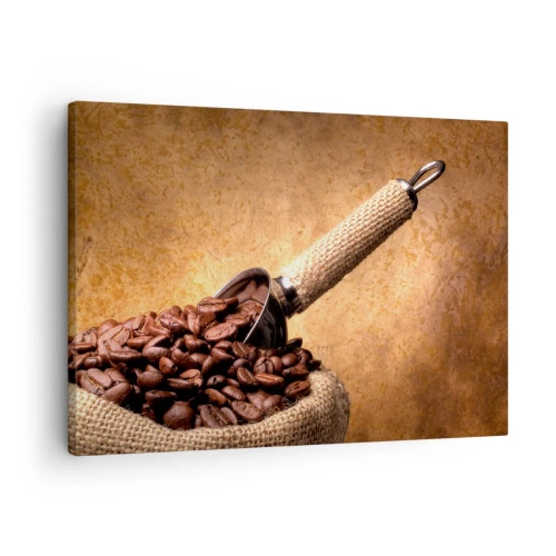 Quadro em tela - Grãos de café em um saco de juta com uma colher de metal - 70x50cm - Na fonte do sabor - Decoração de parede moderna para a sala de estar e quarto ARTTOR