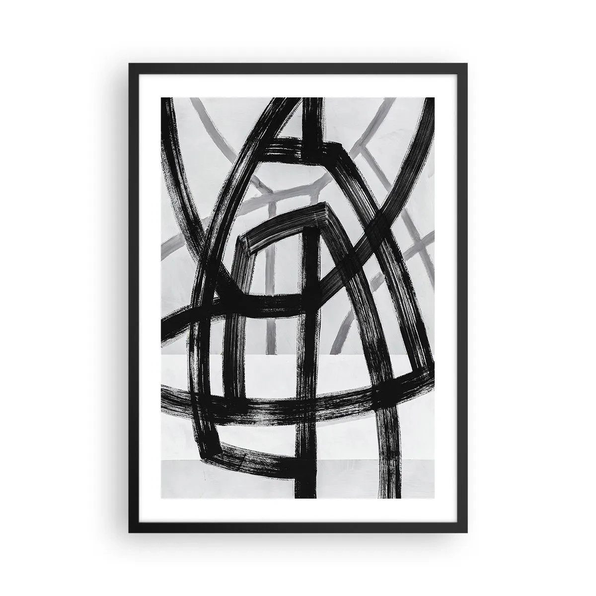 Pôster com moldura preta - Linhas pretas geométricas sobre fundo claro em uma composição abstrata - 50x70cm - Profundidade de construção - Decoração de parede moderna para a sala de estar e quarto ARTTOR