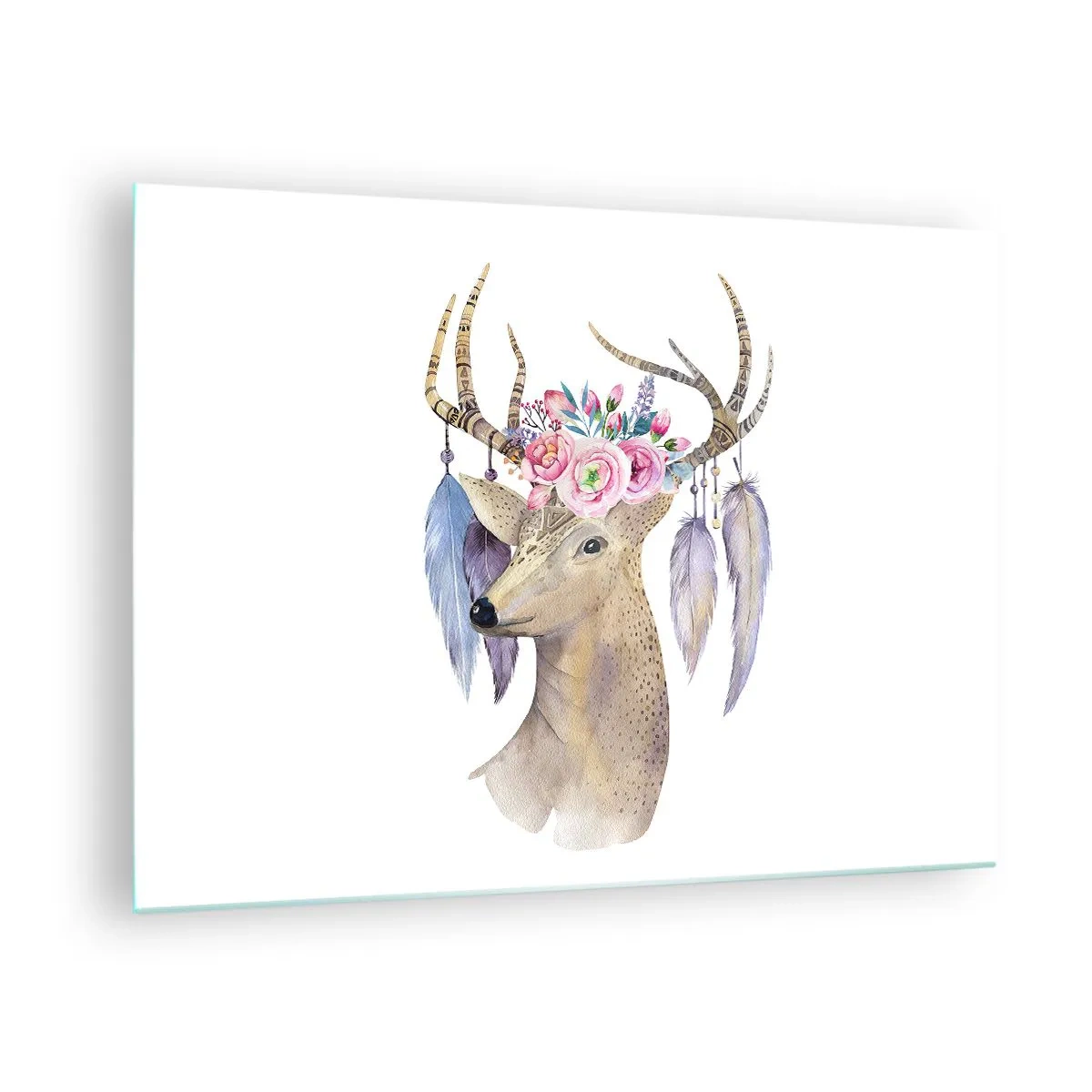Quadro em vidro - Veado com coroa de flores e penas - 70x50cm - Guia da alma - delicado, inocente - Decoração de parede moderna para a sala de estar e quarto ARTTOR