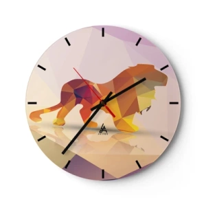 Relógio de parede - Relógio em vidro - Leão geométrico em tons de amarelo e roxo - 30x30cm - O rei em diamante - Decoração de parede moderna para a sala de estar, cozinha e quarto ARTTOR