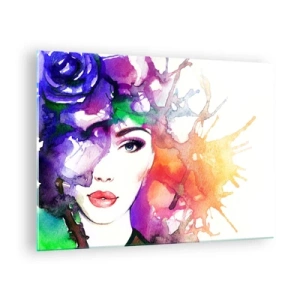 Quadro em vidro - Uma mulher com um fundo desfocado e colorido em estilo aquarela - 70x50cm - Com a cabeça nas nuvens - Decoração de parede moderna para a sala de estar e quarto ARTTOR