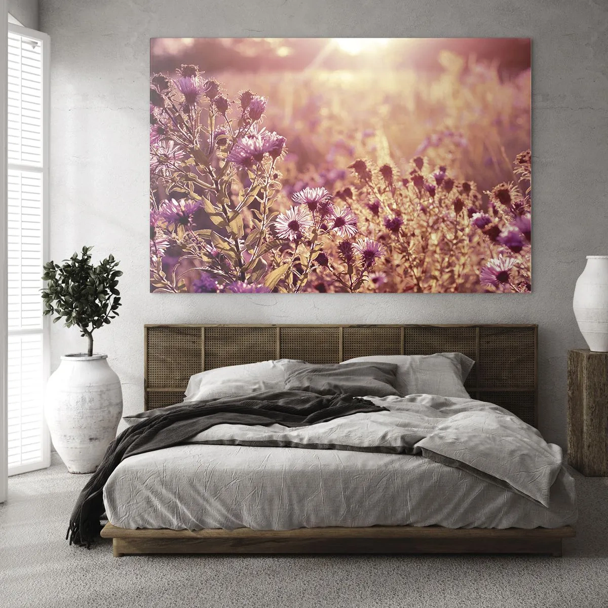 Quadro em vidro - Flores roxas no prado à luz do pôr do sol - 70x50cm - Antes do verão acabar - Decoração de parede moderna para a sala de estar e quarto ARTTOR
