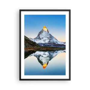 Pôster com moldura preta - Uma montanha com um pico coberto de neve refletido em um lago - 50x70cm - Dois mundos - Decoração de parede moderna para a sala de estar e quarto ARTTOR
