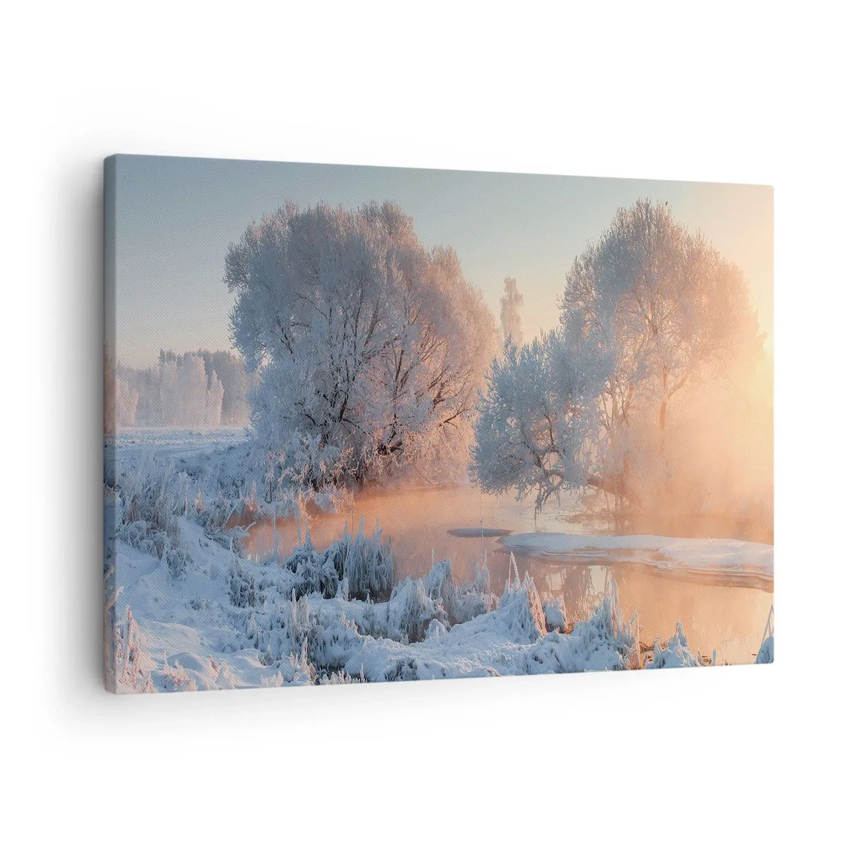Quadro em tela - Paisagem de inverno com árvores cobertas de neve e um pôr do sol - 70x50cm - Tudo brilha como cristal ao sol - Decoração de parede moderna para a sala de estar e quarto ARTTOR