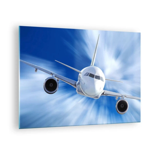 Quadro em vidro - Um avião de passageiros contra um céu azul dinâmico - 70x50cm - Mais rápido do que o vento no céu - Decoração de parede moderna para a sala de estar e quarto ARTTOR