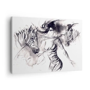 Quadro em tela - Uma mulher em uma dança dinâmica com zebras em uma estética em preto e branco - 70x50cm - Dançando com as zebras - Decoração de parede moderna para a sala de estar e quarto ARTTOR