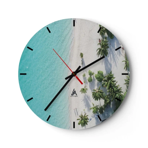 Relógio de parede - Relógio em vidro - Vista superior da praia com água azul-turquesa e palmeiras - 30x30cm - Férias no paraíso - Decoração de parede moderna para a sala de estar, cozinha e quarto ARTTOR