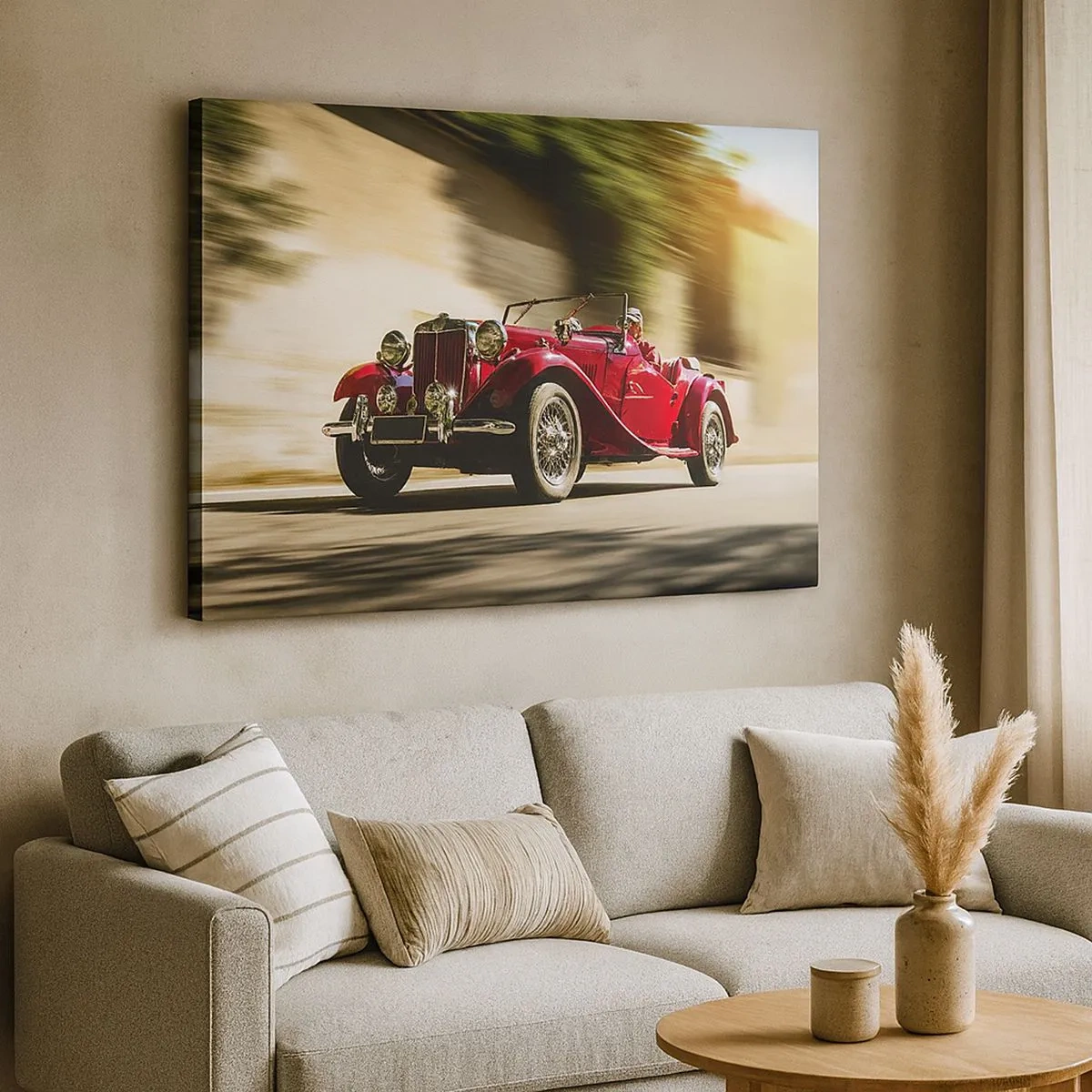 Quadro em tela - Carro clássico vermelho em movimento em uma rua ensolarada - 70x50cm - Mais bonita que a Vitória de Samotrácia - Decoração de parede moderna para a sala de estar e quarto ARTTOR