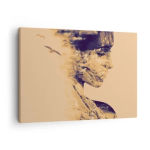Quadro em tela - Perfil de mulher com a natureza ao fundo em tons quentes - 70x50cm - Linda por natureza - Decoração de parede moderna para a sala de estar e quarto ARTTOR