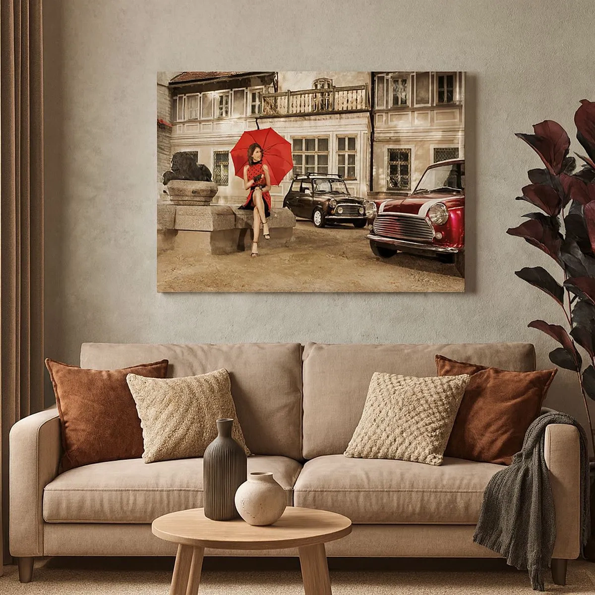 Quadro em tela - Mulher com guarda-chuva vermelho perto de carros clássicos - 70x50cm - Mini-viagem sentimental - Decoração de parede moderna para a sala de estar e quarto ARTTOR
