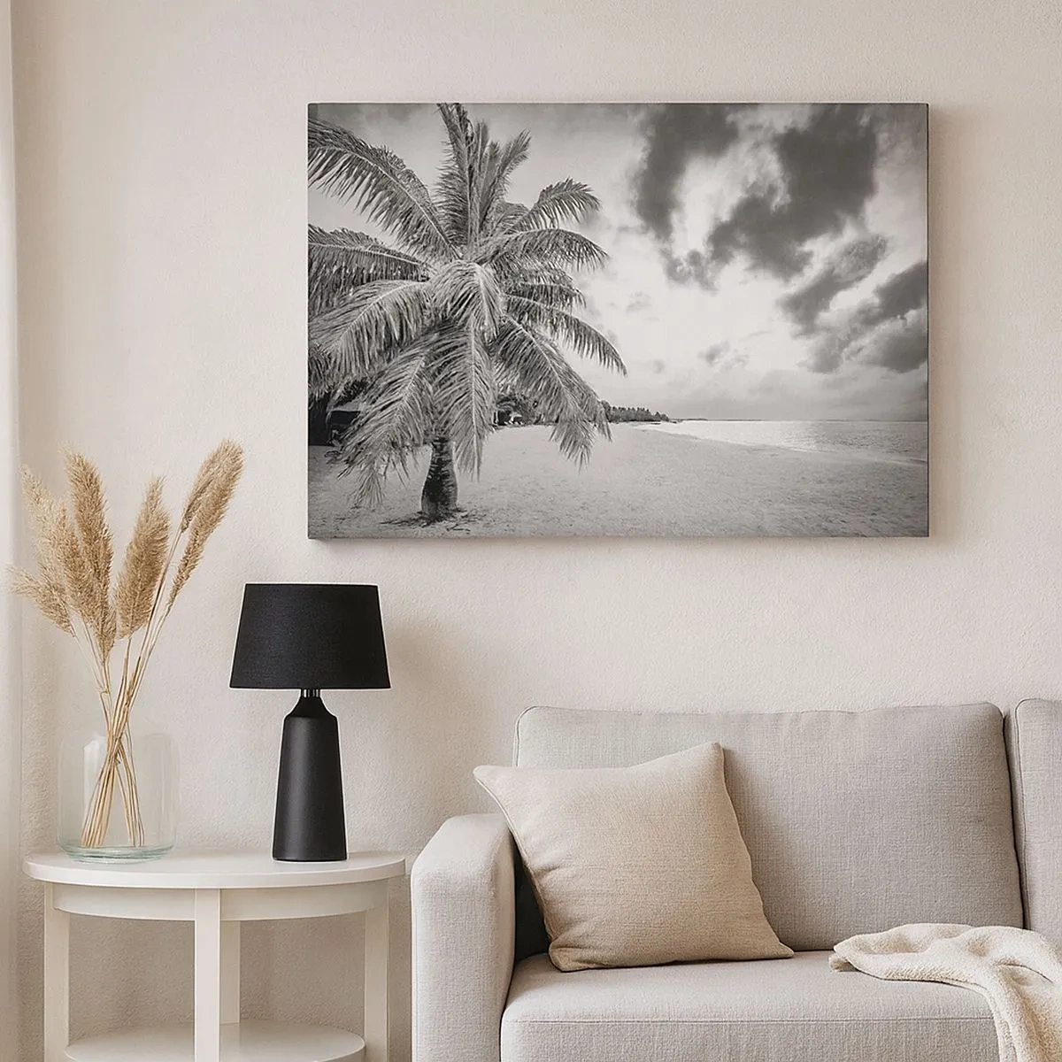 Quadro em tela - Palmeira preta e branca em uma praia vazia com nuvens - 70x50cm - Quando anseia por solidão... - Decoração de parede moderna para a sala de estar e quarto ARTTOR