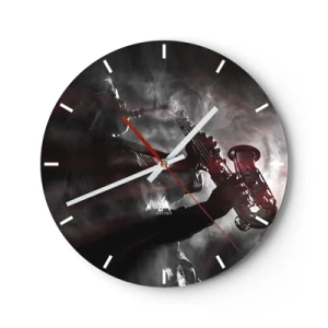 Relógio de parede - Relógio em vidro - Saxofonista na fumaça em estilo preto e branco - 30x30cm - Nos fumos do jazz - Decoração de parede moderna para a sala de estar, cozinha e quarto ARTTOR