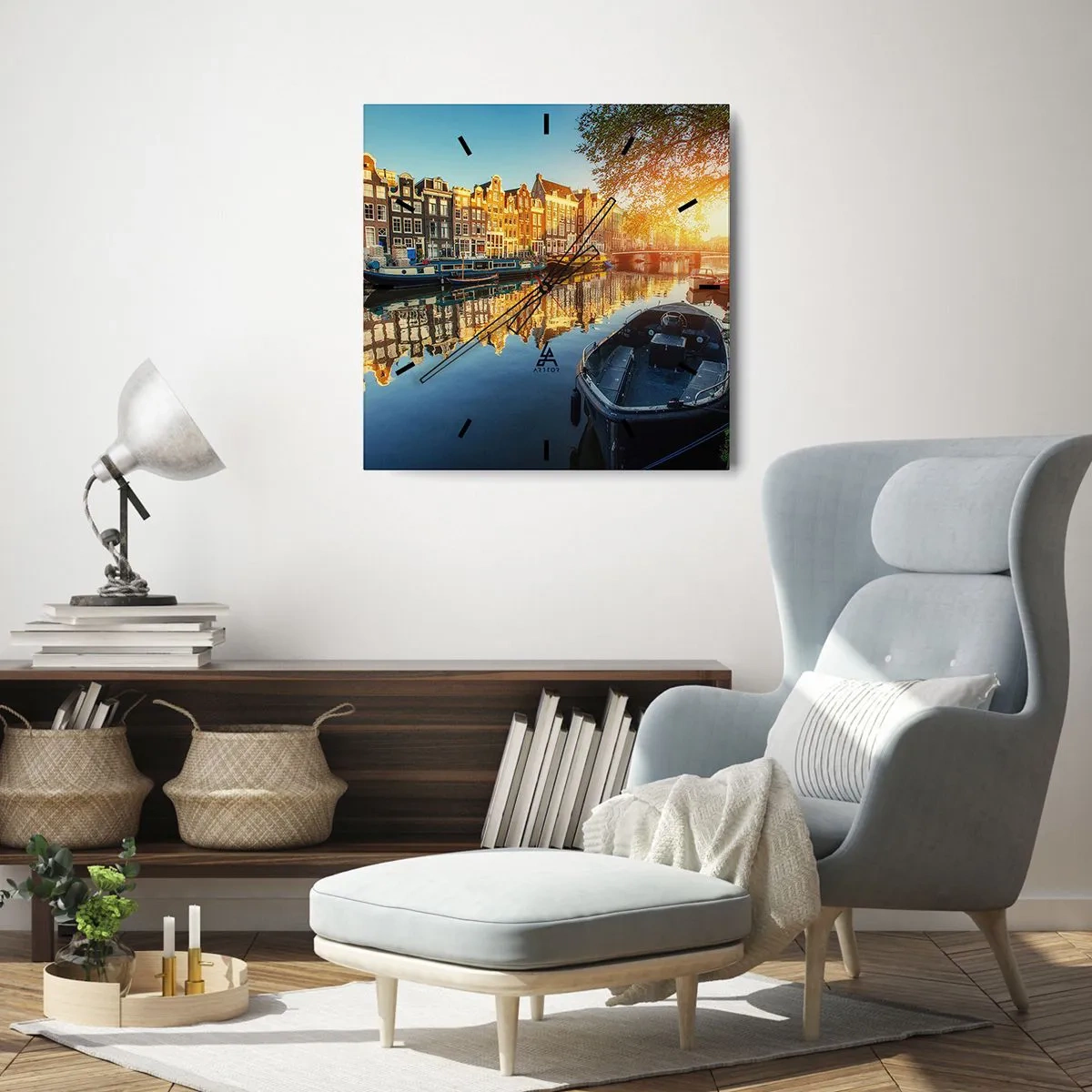 Relógio de parede - Relógio em vidro - Manhã em Amsterdã - 40x40 cm