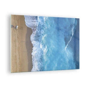 Quadro em vidro - Vista aérea da praia e das ondas quebrando - 70x50cm - O poder do azul - Decoração de parede moderna para a sala de estar e quarto ARTTOR