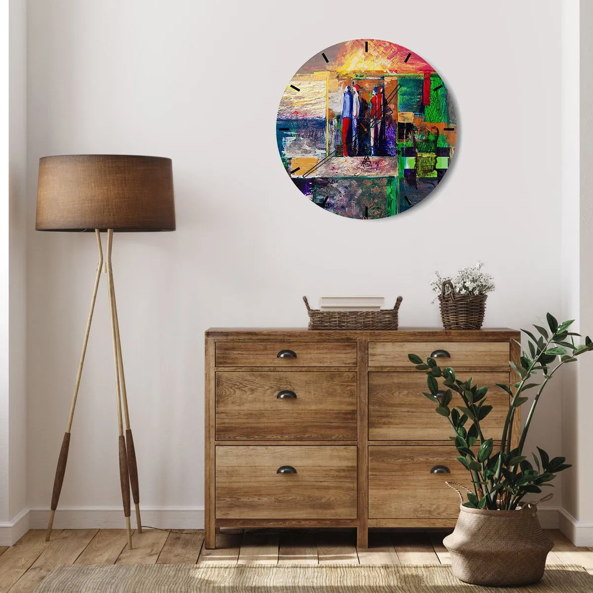Relógio de parede - Relógio em vidro - Uma pintura abstrata com figuras em cores intensas. - 30x30cm - Relacionamentos e emoções - Decoração de parede moderna para a sala de estar, cozinha e quarto ARTTOR