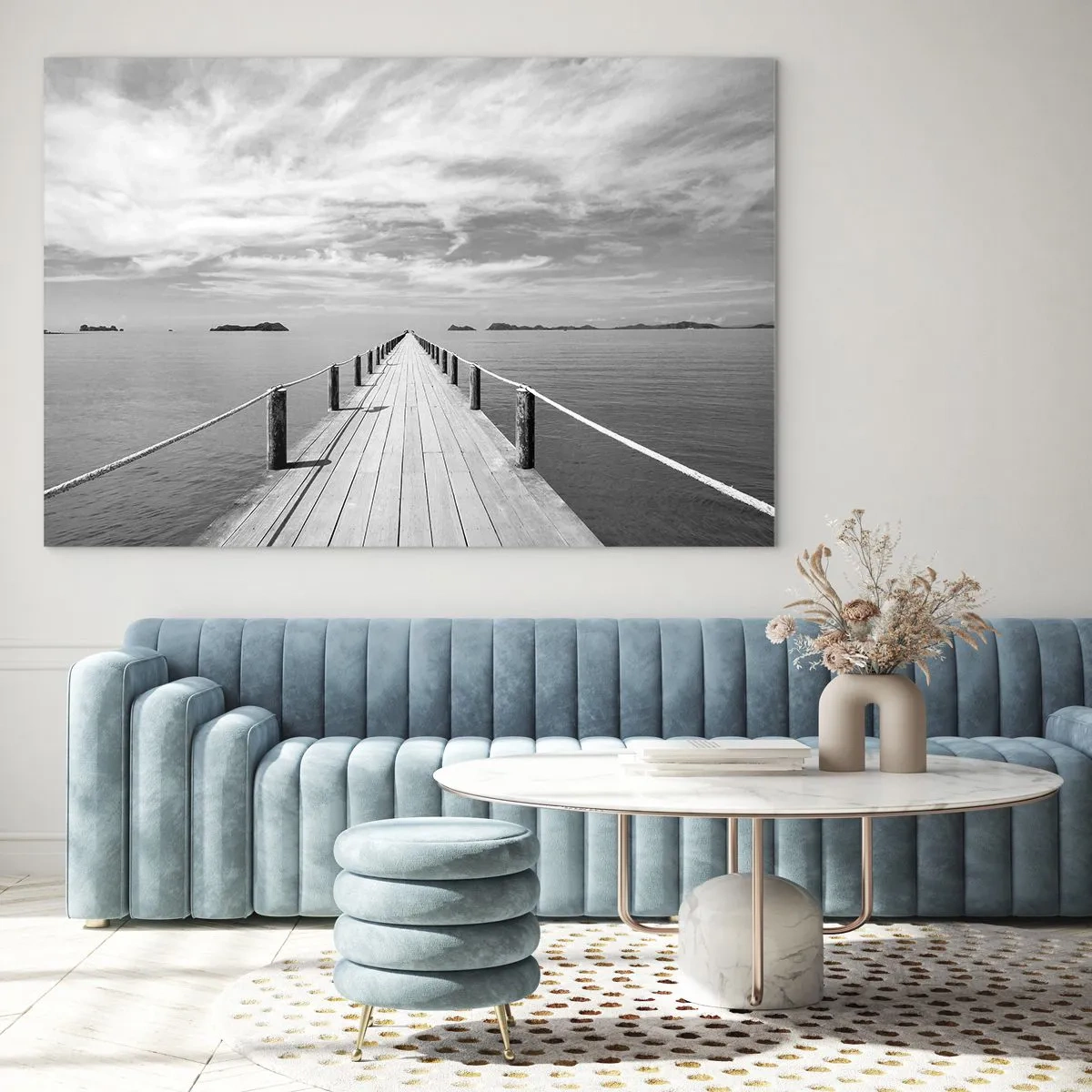 Quadro em vidro - Um píer de madeira que se estende ao longe através de um mar calmo - 70x50cm - Talvez uma viagem... - Decoração de parede moderna para a sala de estar e quarto ARTTOR