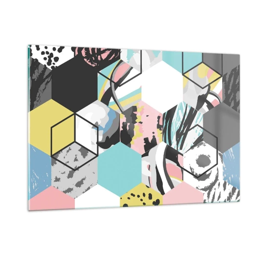 Quadro em vidro - Hexágonos e cubos em seis cores - 120x80 cm