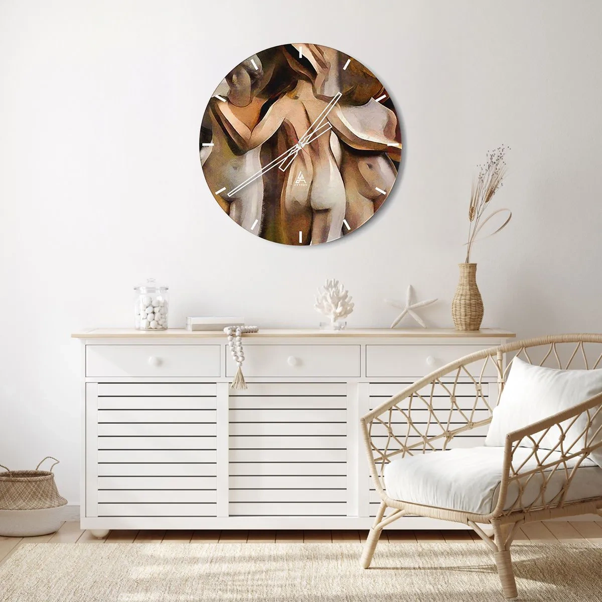 Relógio de parede - Relógio em vidro - Uma interpretação abstrata de três figuras em cores quentes. - 30x30cm - Três Graças 2.0 - Decoração de parede moderna para a sala de estar, cozinha e quarto ARTTOR