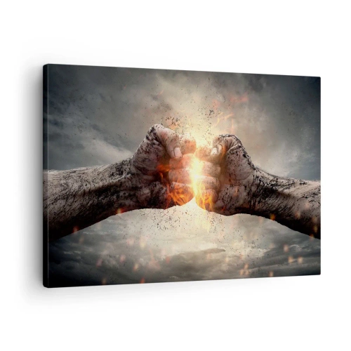 Quadro em tela - Punhos cerrados em uma cena dinâmica de incêndio - 70x50cm - Prepare-se para a luta - Decoração de parede moderna para a sala de estar e quarto ARTTOR